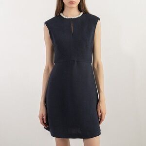 Sandro Navy Dress with Pearl Beaded Neckline